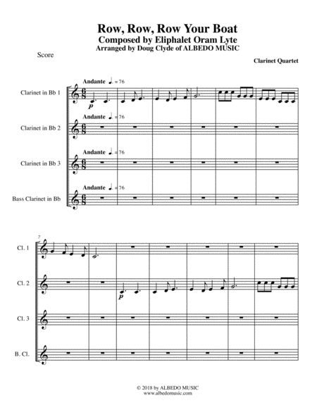 Free Sheet Music Row Row Row Your Boat For Clarinet Quartet