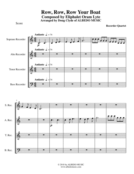 Free Sheet Music Row Row Row Your Boat For Recorder Quartet