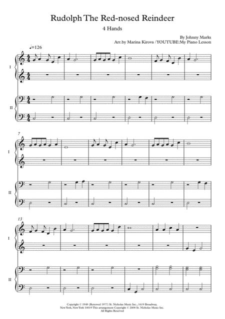 Free Sheet Music Rudolph The Red Nosed Reindeer Easy Piano 4 Hands Duet With Note Names