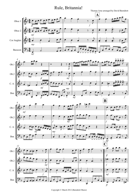 Rule Britannia For Double Reed Quartet Sheet Music