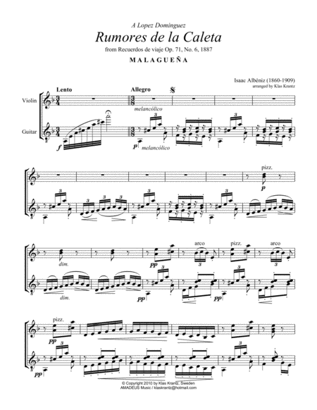 Rumores De La Caleta Op 71 No 6 For Violin And Guitar Sheet Music