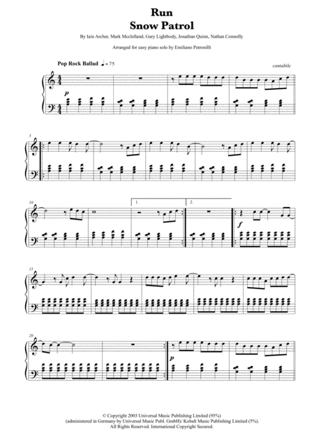 Run Snow Patrol Easy Piano Solo Sheet Music