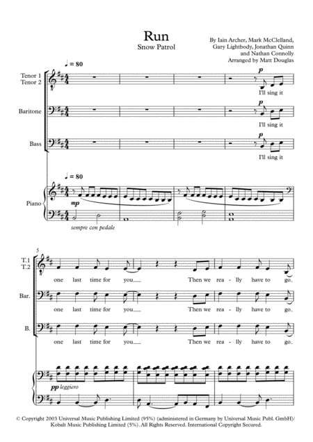 Free Sheet Music Run Snow Patrol Ttbb