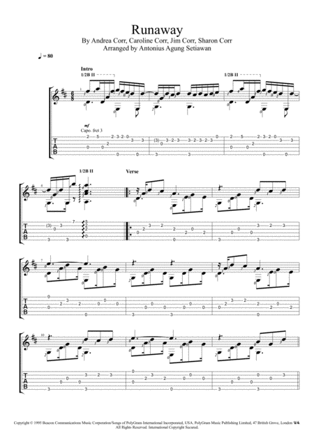 Runaway Fingerstyle Guitar Solo Sheet Music