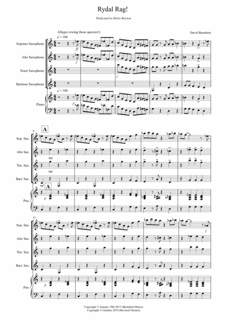 Free Sheet Music Rydal Rag For Saxophone Quartet