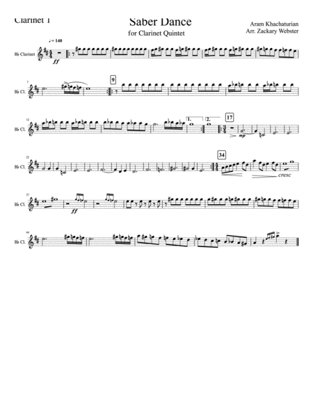 Saber Dance For Clarinet Quintet Sheet Music