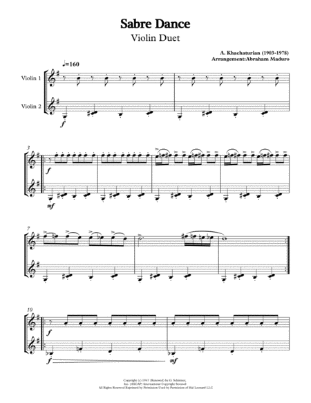 Free Sheet Music Sabre Dance By Aram Khachaturian Violin Duet