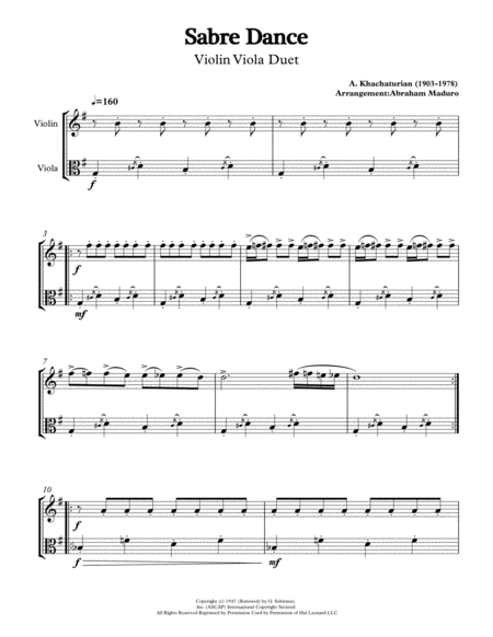 Free Sheet Music Sabre Dance By Aram Khachatutian Violin Viola Duet