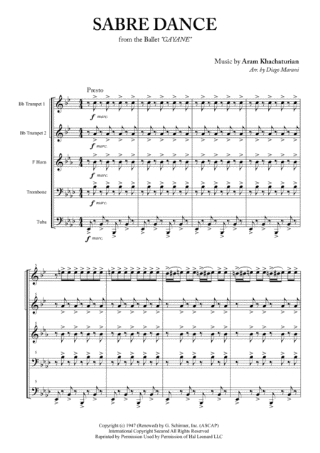 Sabre Dance For Brass Quintet Sheet Music