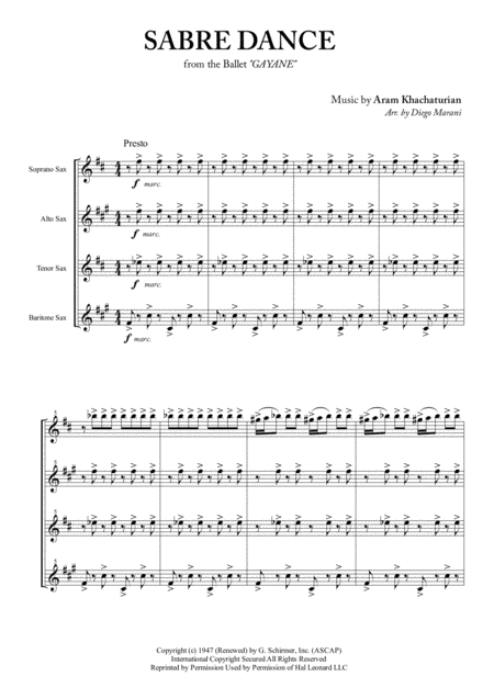 Sabre Dance For Saxophone Quartet Sheet Music