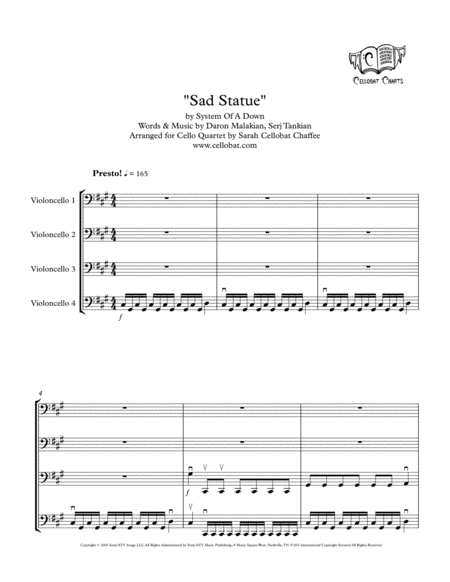 Free Sheet Music Sad Statue Cello Quartet System Of A Down Arr Cellobat Recording Available