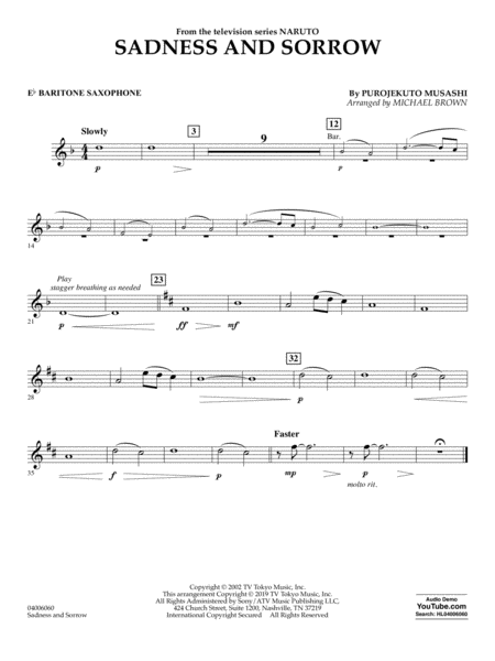 Sadness And Sorrow From Naruto Arr Michael Brown Eb Baritone Saxophone Sheet Music