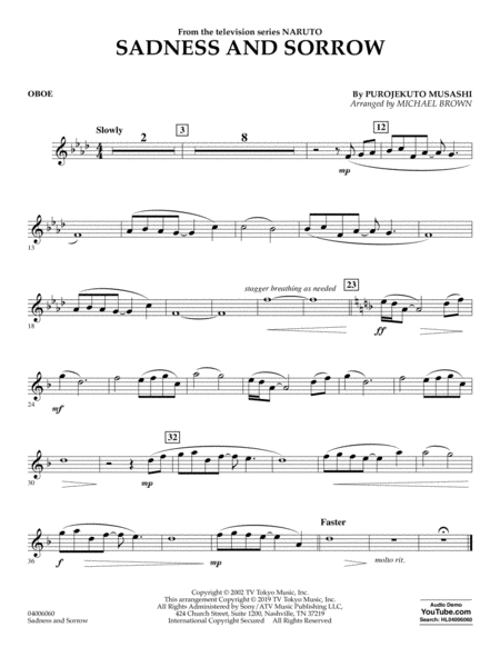 Sadness And Sorrow From Naruto Arr Michael Brown Oboe Sheet Music