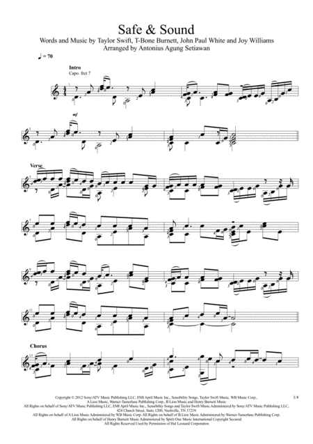 Safe And Sound Solo Guitar Score Sheet Music