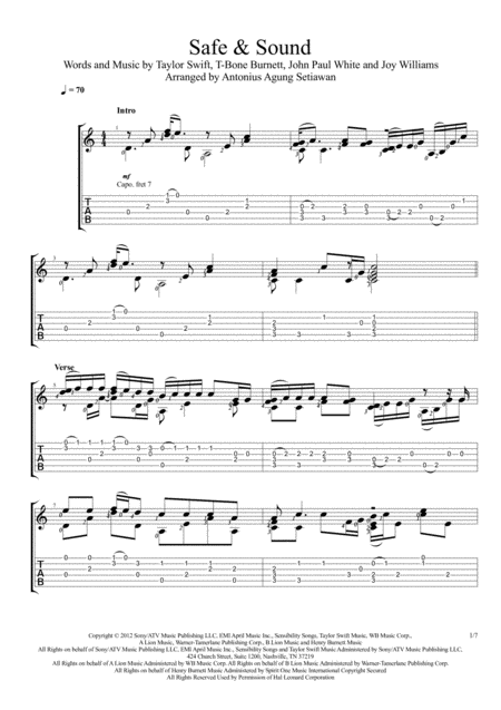 Safe And Sound Solo Guitar Tablature Sheet Music