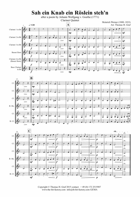 Sah Ein Knab Ein Roeslein Stehn German Folk Song Clarinet Quintet Sheet Music