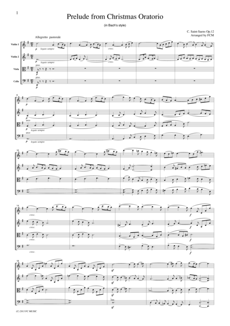 Saint Saens Prelude From Christmas Oratorio For String Quartet Ch917 Sheet Music