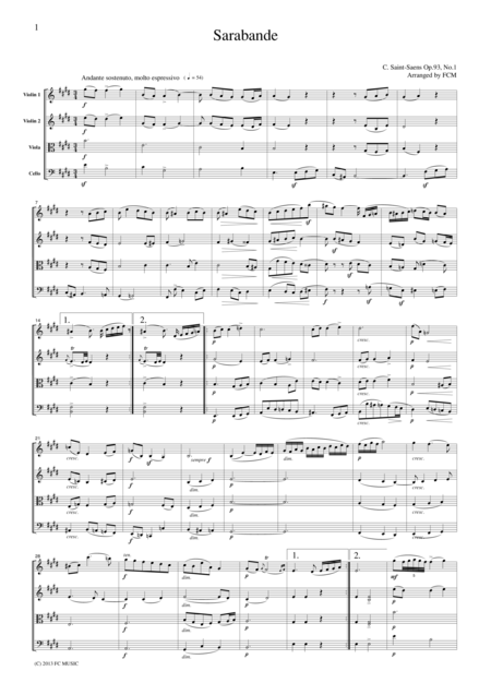 Saint Saens Sarabande For String Quartet Cs402 Sheet Music