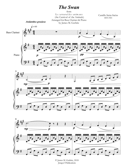 Saint Saens The Swan For Bass Clarinet Piano Sheet Music