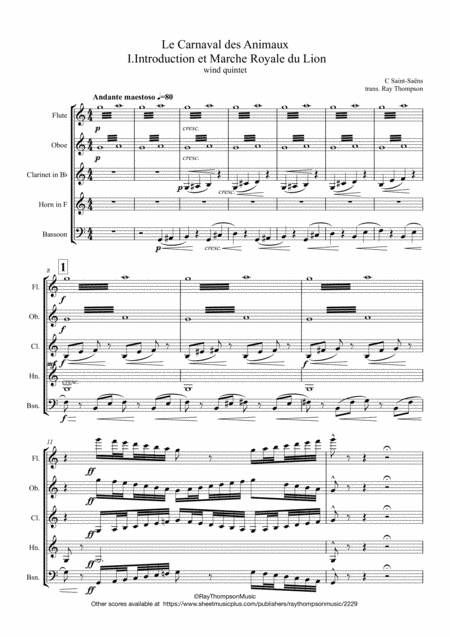 Saint Sans Le Carnaval Des Animaux The Carnival Of The Animals I Introduction Et Marche Royale Du Lion Wind Quintet Sheet Music