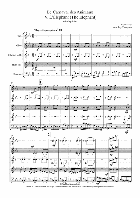 Free Sheet Music Saint Sans Le Carnaval Des Animaux The Carnival Of The Animals V L Lphant The Elephant Wind Quintet