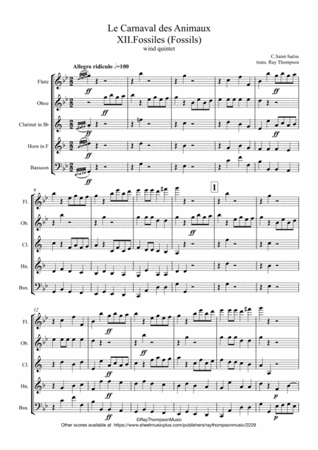 Free Sheet Music Saint Sans Le Carnaval Des Animaux The Carnival Of The Animals Xii Fossiles Fossils Wind Quintet