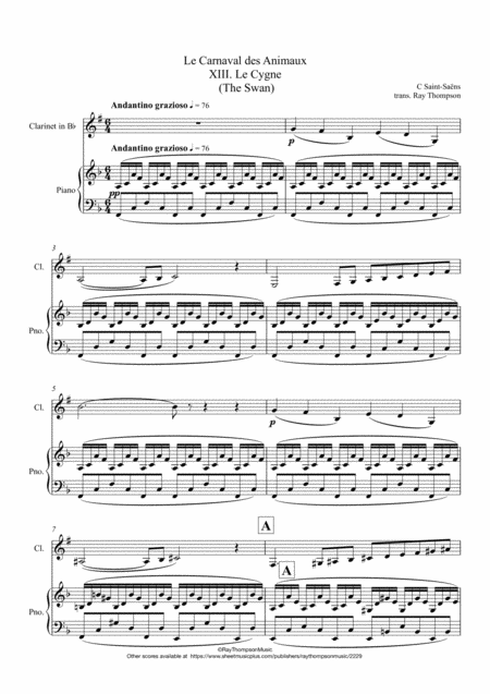 Free Sheet Music Saint Sans Le Carnaval Des Animaux The Carnival Of The Animals Xiii Le Cygne The Swan Clarinet And Piano