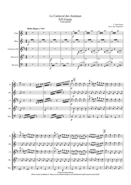 Saint Sans Le Carnaval Des Animaux The Carnival Of The Animals Xiv Finale Wind Quintet Sheet Music