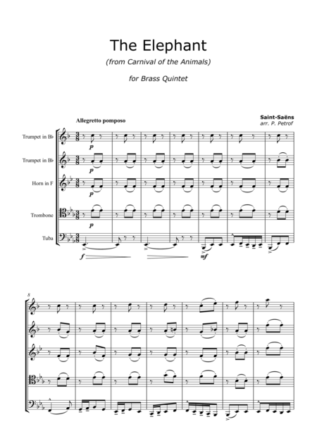 Free Sheet Music Saint Sans The Elephant From Carnival Of The Animals Brass Quintet