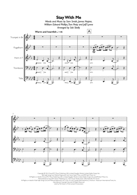 Sam Smith Stay With Me For Brass Quintet Sheet Music