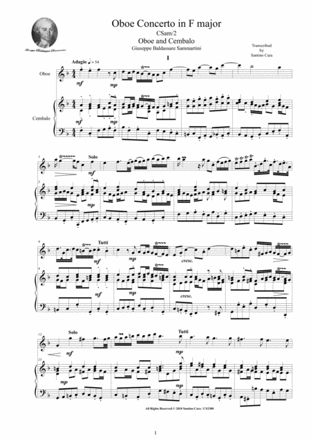 Sammartini Oboe Concerto In F Major No 1 For Oboe And Cembalo Or Piano Sheet Music