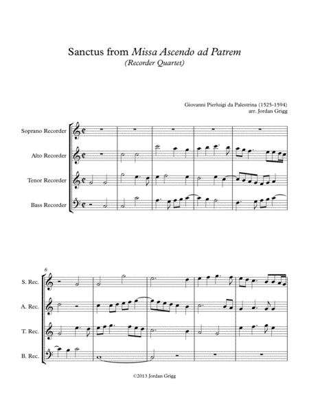 Sanctus From Missa Ascendo Ad Patrem Recorder Quartet Sheet Music