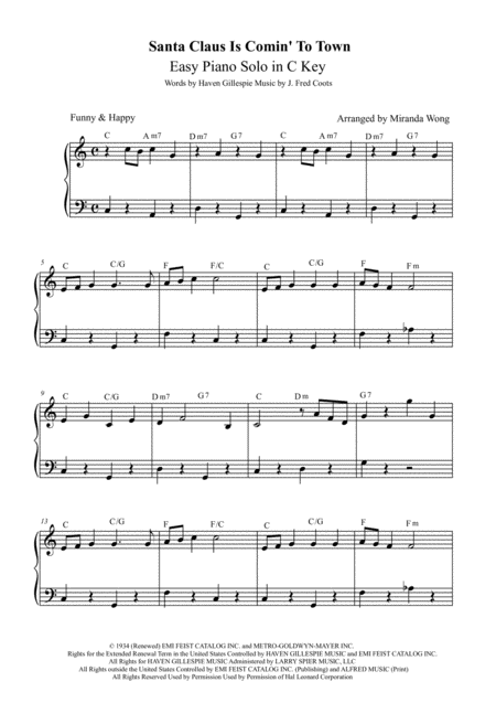 Free Sheet Music Santa Claus Is Comin To Town Easy Christmas Piano Solo With Chords