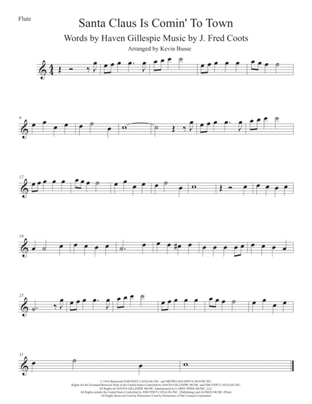 Santa Claus Is Comin To Town Easy Key Of C Flute Sheet Music