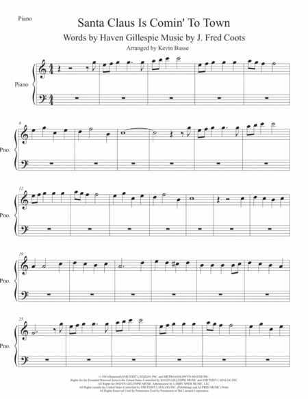 Santa Claus Is Comin To Town Easy Key Of C Piano Sheet Music