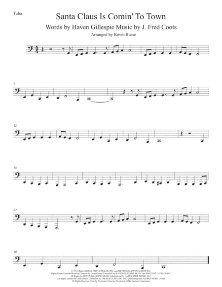 Santa Claus Is Comin To Town Easy Key Of C Tuba Sheet Music