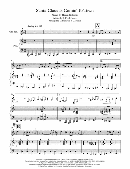 Santa Claus Is Comin To Town For Alto Sax Solo With Piano Accompaniment Up Tempo Swing Sheet Music