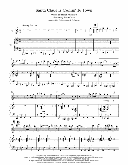 Santa Claus Is Comin To Town For Flute Solo With Piano Accompaniment Up Tempo Swing Sheet Music