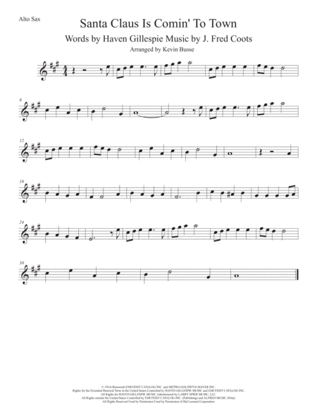 Santa Claus Is Comin To Town Original Key Alto Sax Sheet Music