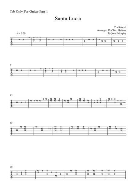 Santa Lucia For Guitar Duo Tab Only For Guitar Part 1 Sheet Music