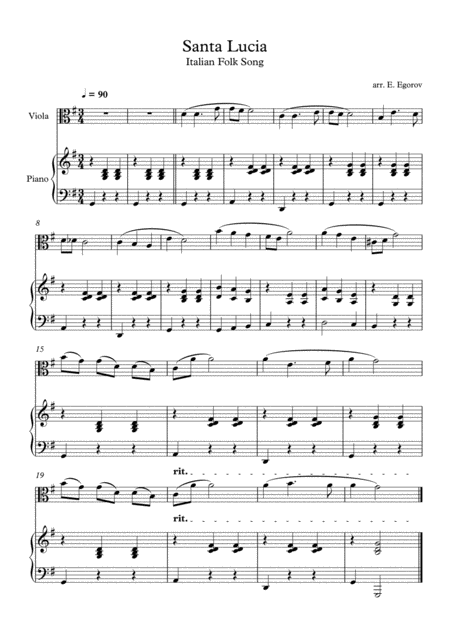 Santa Lucia Italian Folk Song For Viola Piano Sheet Music