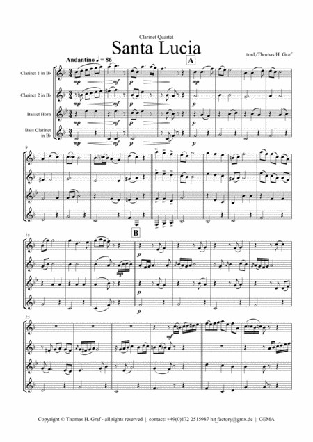 Santa Lucia Italian Folk Song Here In The Twighlight Clarinet Quartet Sheet Music