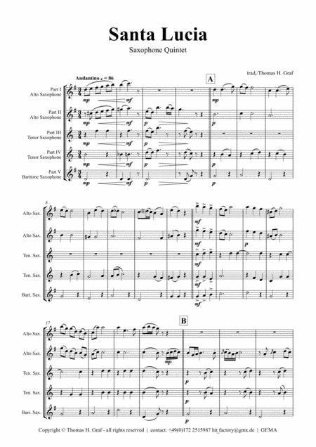 Santa Lucia Italian Folk Song Here In The Twighlight Saxophone Quintet Sheet Music