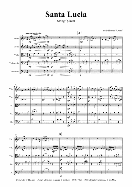 Santa Lucia Italian Folk Song Here In The Twighlight String Quintet Sheet Music