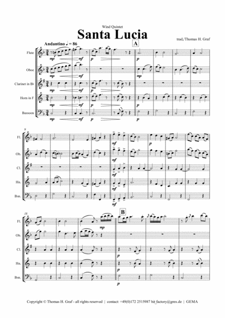 Santa Lucia Italian Folk Song Here In The Twighlight Wind Quintet Sheet Music