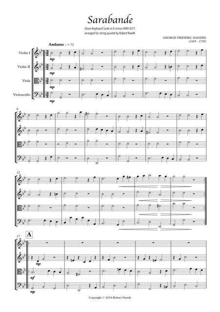 Free Sheet Music Sarabande From Keyboard Suite In D Minor Hwv 437 For String Quartet