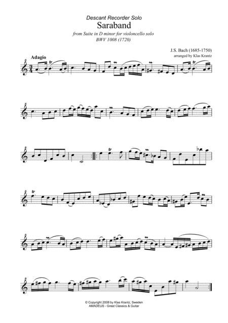 Sarabande From Suite No 2 Bwv 1008 For Recorder Solo Sheet Music