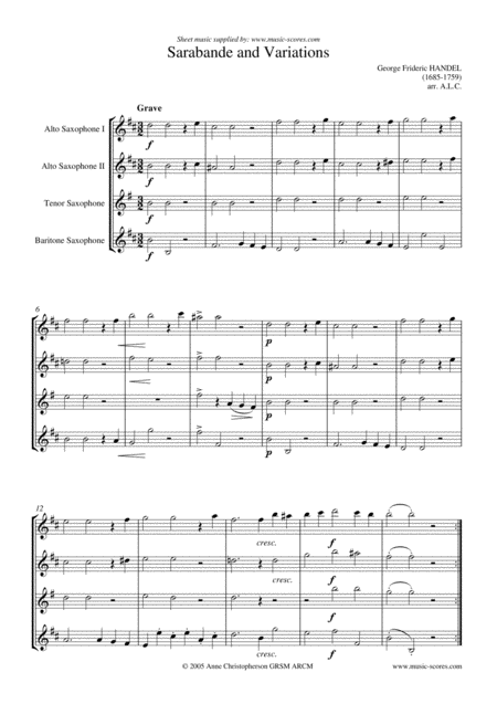 Sarabande Sax Quartet D Minor Sheet Music