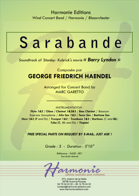 Sarabande Variations G F Haendel Arranged For Wind Concert Band By Marc Garetto Sheet Music