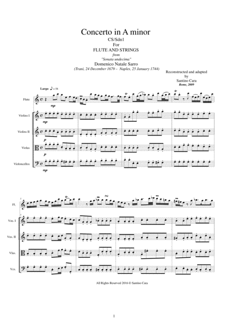 Free Sheet Music Sarro Concerto In A Minor For Flute And Strings